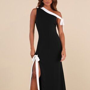 Lulus Intriguing Demeanor Black And White Bow One-shoulder Maxi Dress - Size L